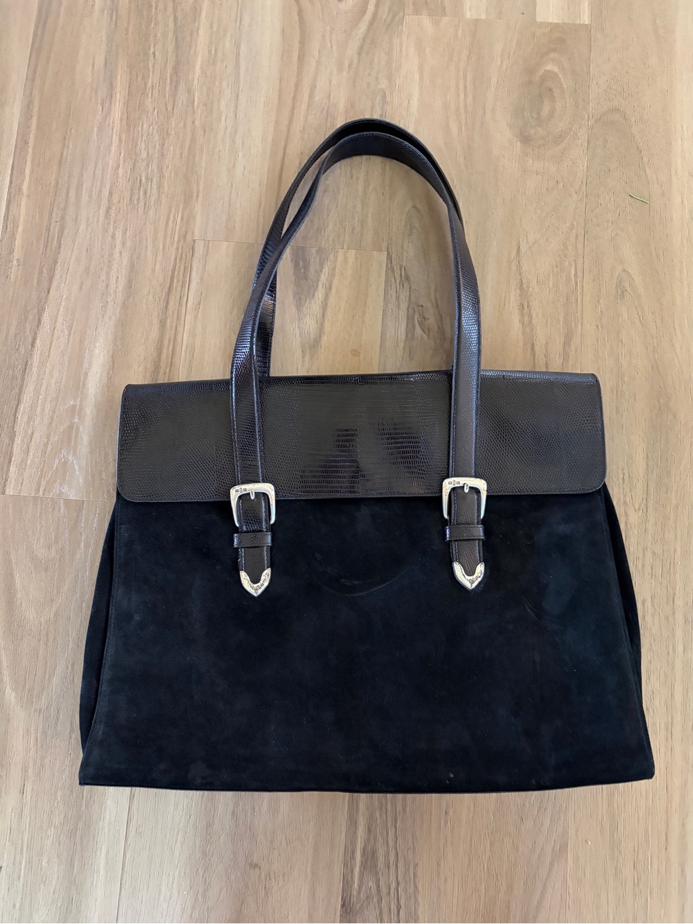 Vintage Ralph Lauren Black Suede Lizard Tote Bag Western Buckle Large